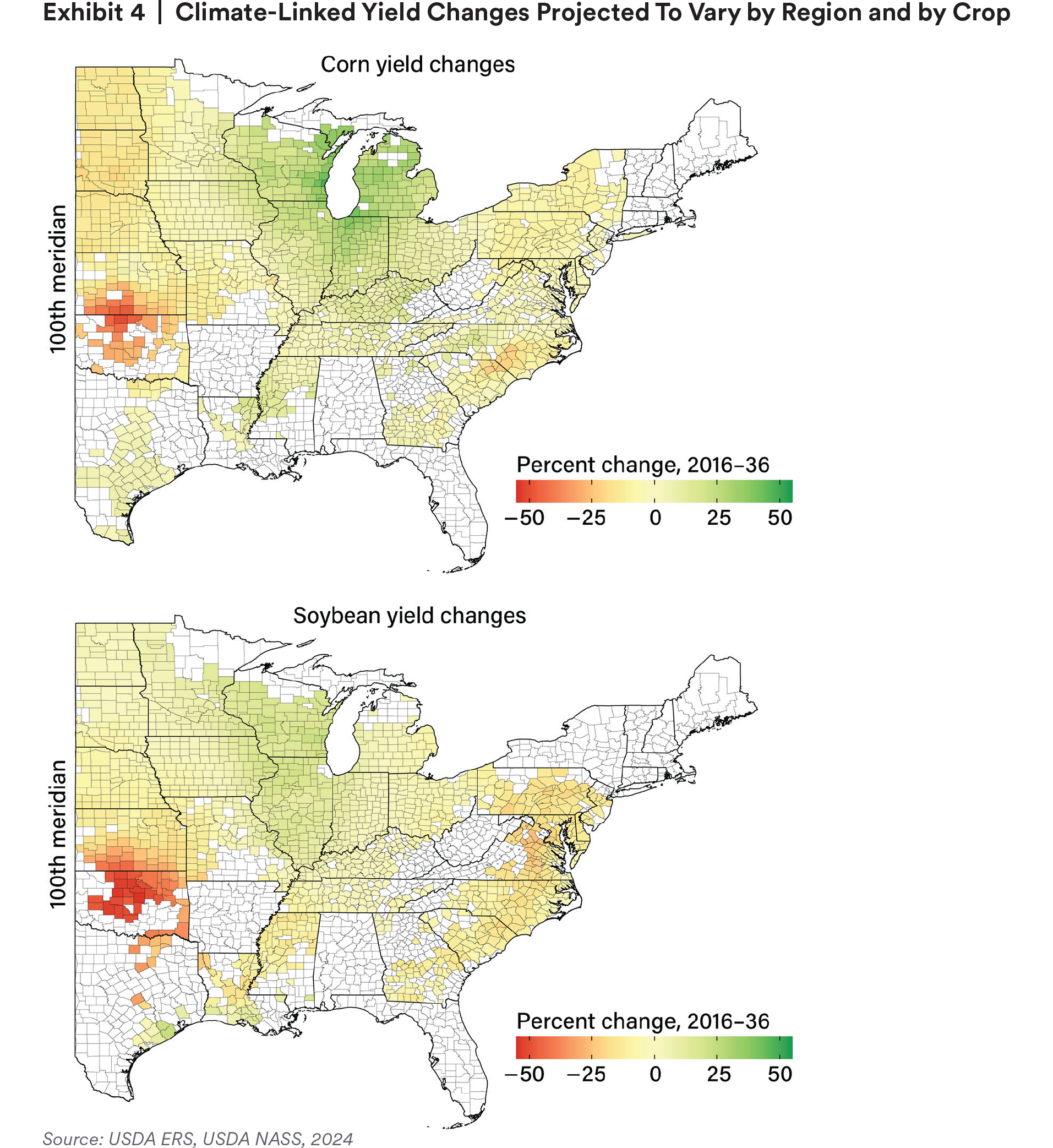 Map of climate-linked corn and soybean yield changes